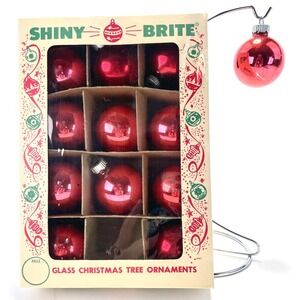 Red Glass Christmas Ornaments Set of 12 SHINY BRITE w/ Box Vintage GUC